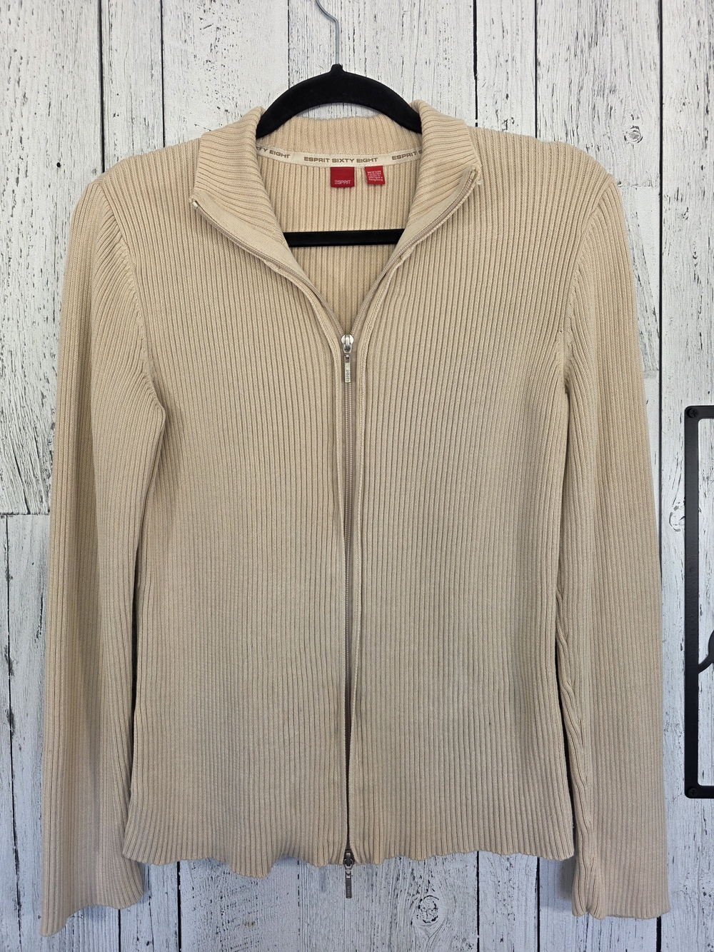 Esprit Sixty Eight Beige Ribbed Cotton Zip Cardigan Sweater Size Large Y2K Style